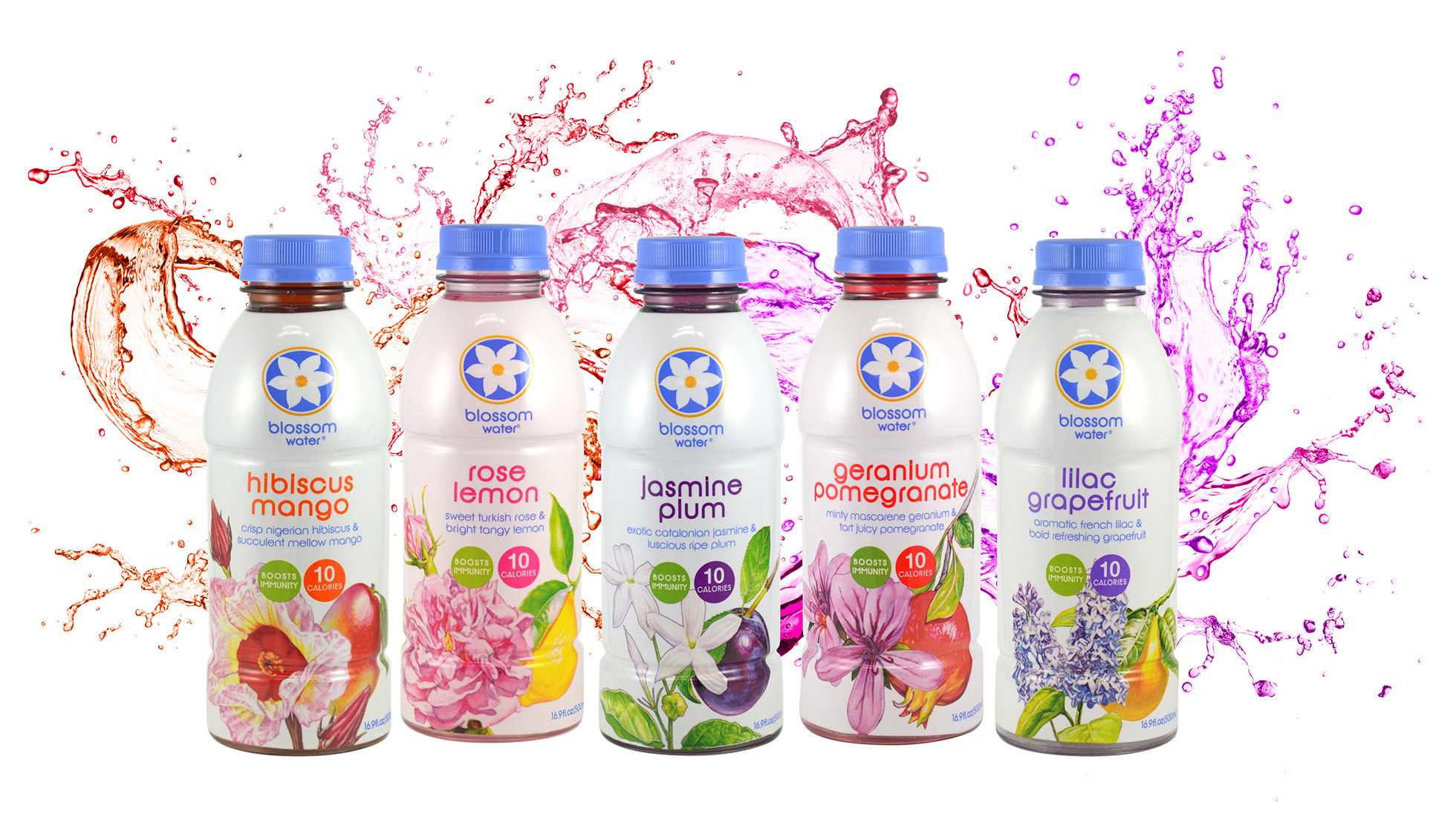 Bottles of Blossom Water in a variety of flavors