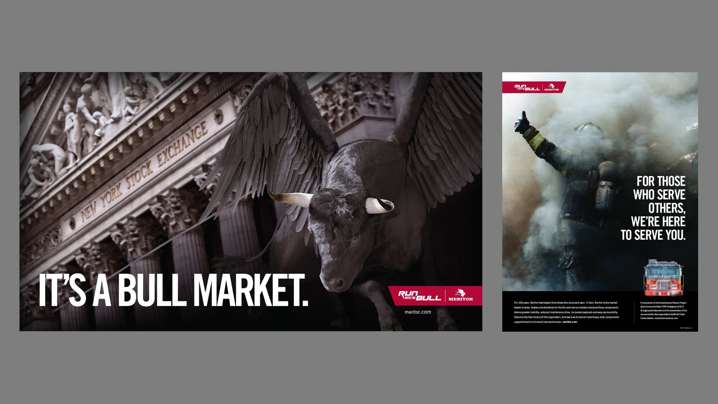 Meritor Run with the Bull campaign posters and magazine ad