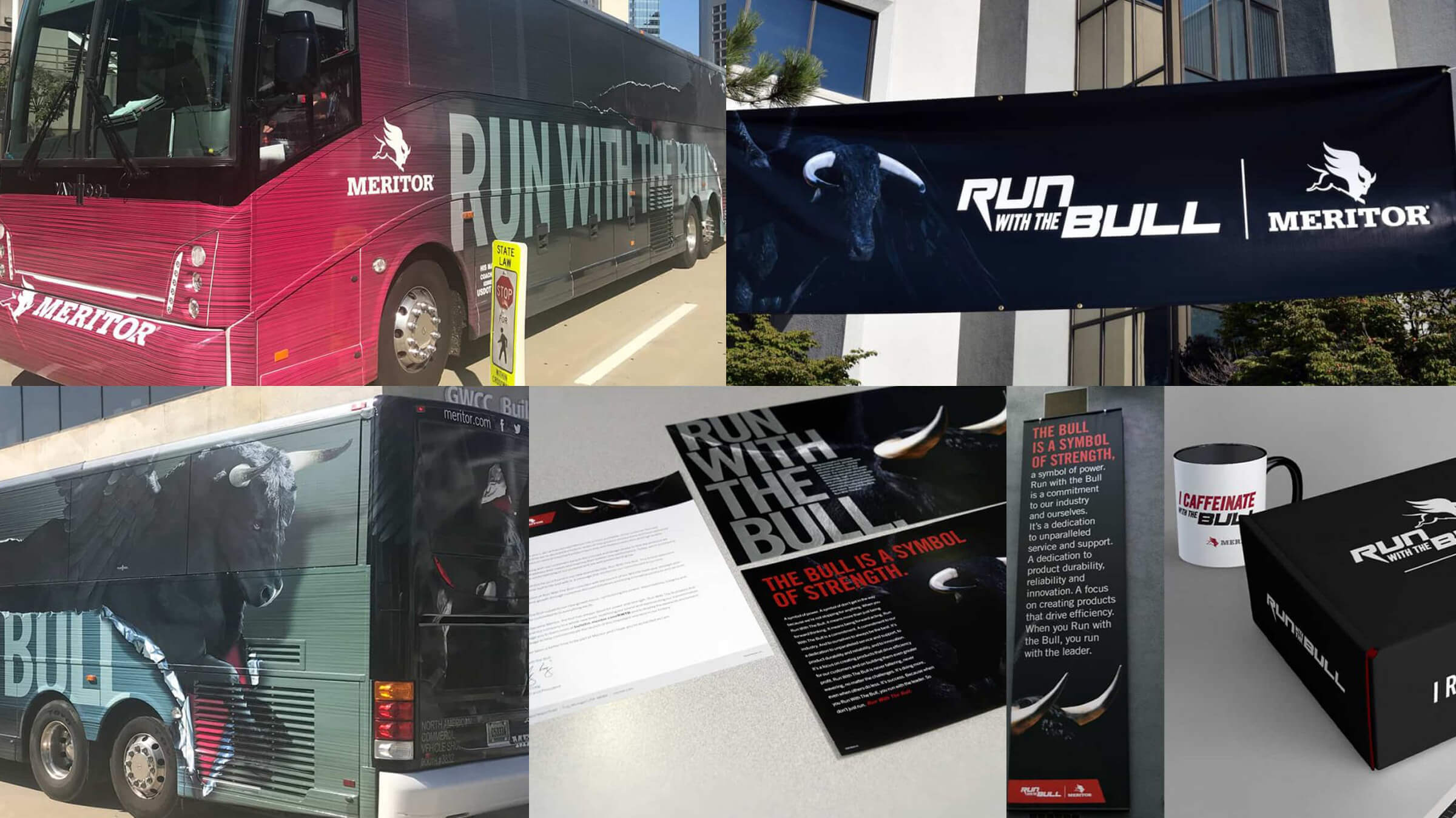 Meritor Run with the Bull campaign bus wrap and promotional collateral