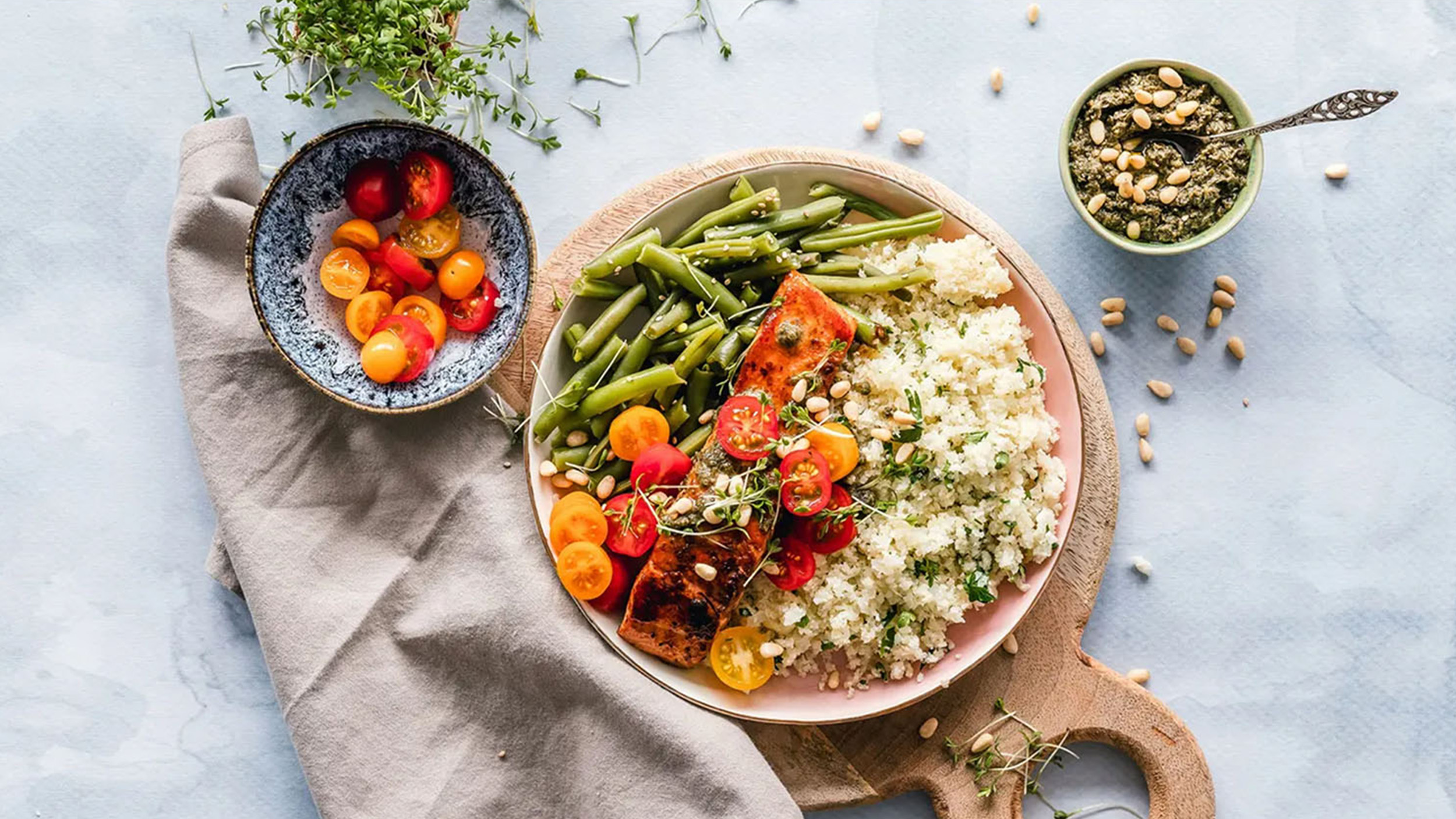 A meal of salmon, rice and vegetables