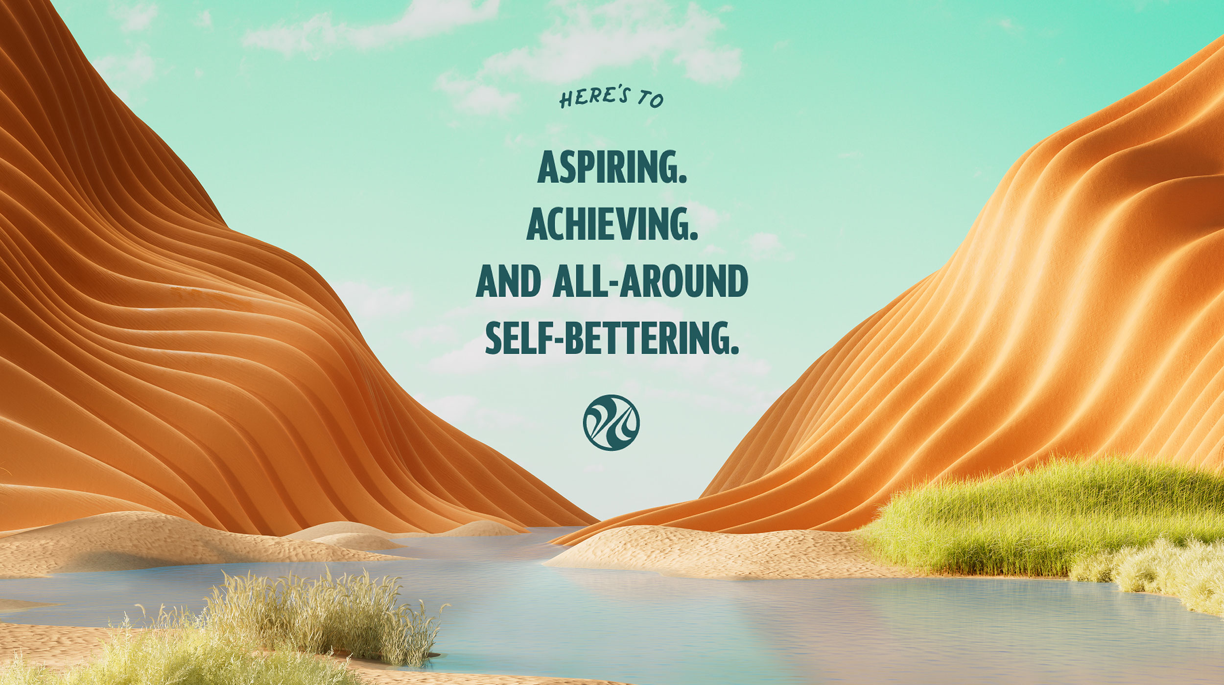 Takeya branding with text, "Here's to aspiring. Achieving. And all-around self bettering."