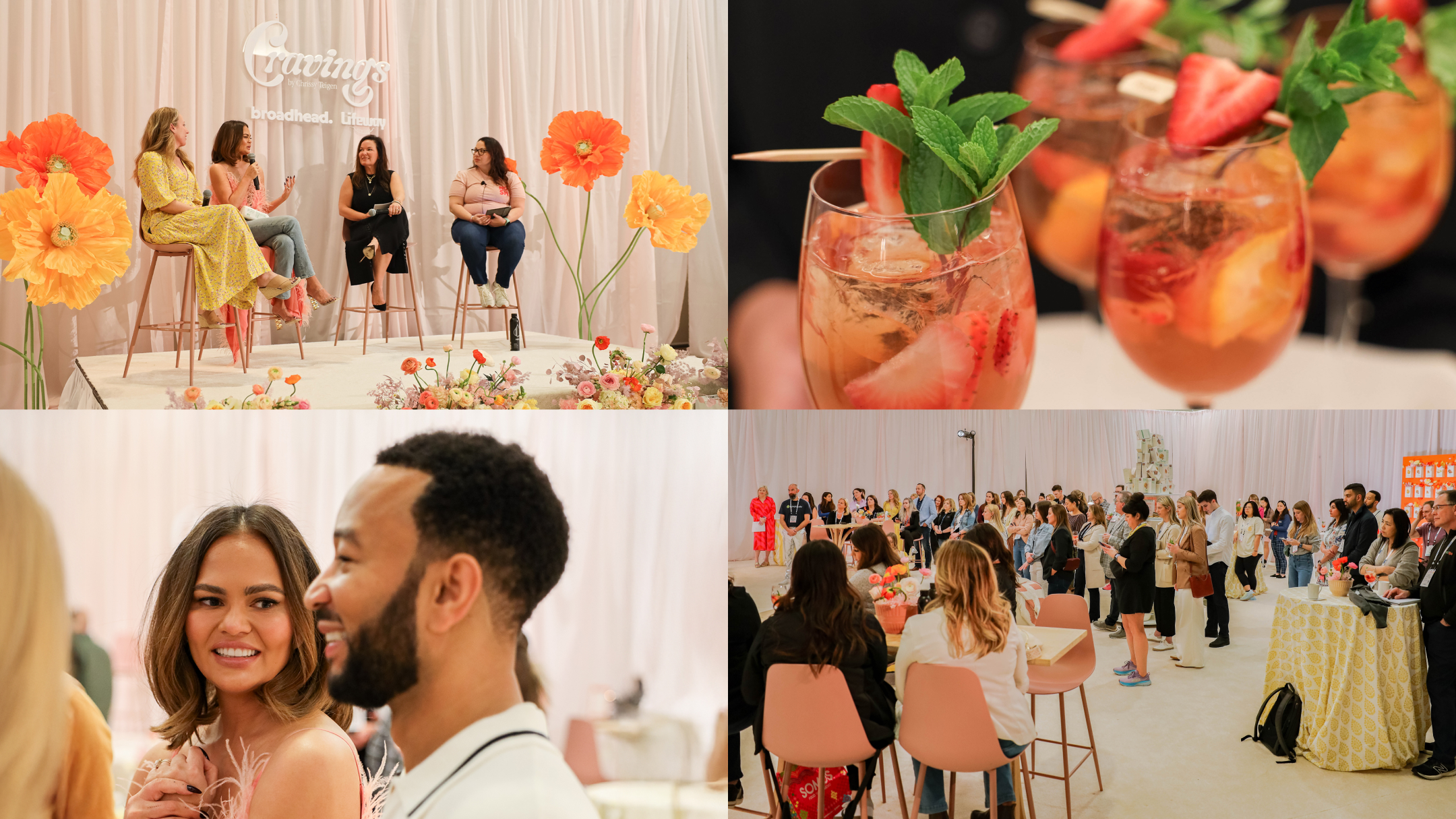 A collage of from the Hello, Sunshine brunch at Expo West including Chrissy Teigen and John Legend.